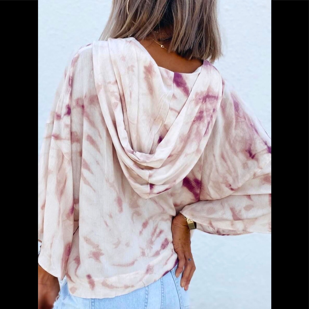 Hippie Tie-Dye Whiter/Purple Hoodie Deep V-Neck Silky Pullover Soft Windbreaker